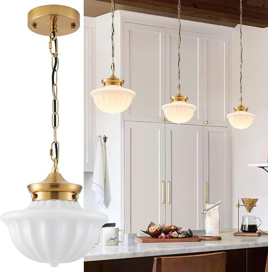 youngrender Schoolhouse Pendant Fixtures, 9" Brass Gold Milk Glass Pendant Light, Adjustable Mid Century Ceiling Pendant Lighting for Bedroom Kitchen Living Room Hallway Dining Room