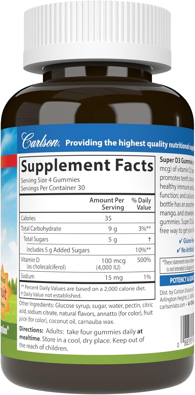 Carlson - Super D3グミ 4,000 IU (100 mcg)、骨の健康、免疫サポート、カルシウム吸収、天然フルーツフレーバー、植物性グミ120粒