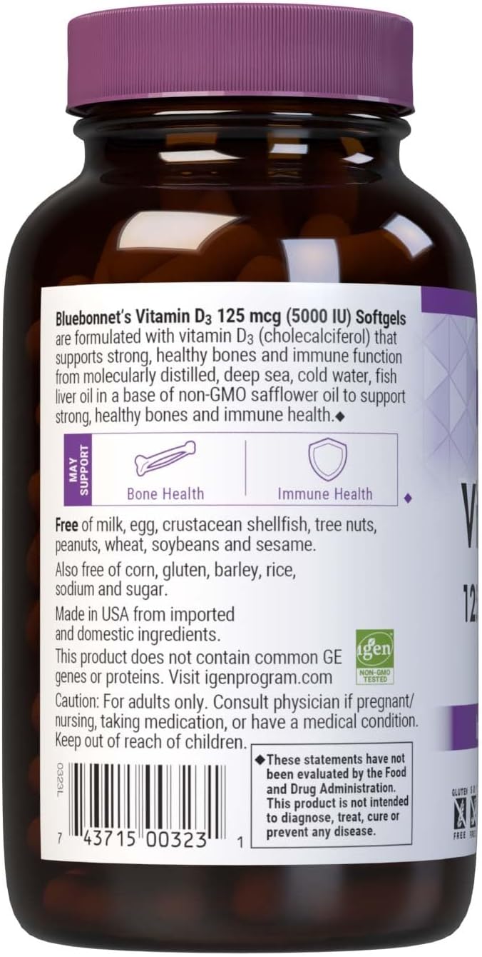 Bluebonnet Nutrition Vitamine D3 5000 UI Gélules, Contribue à la Croissance Musculaire et Squelettique, Cholecalciferol Issu d'Huile de Poisson, Sans OGM, Sans Gluten, Sans Soja, Sans Produits Laitiers, Jaune, 250 Gélules