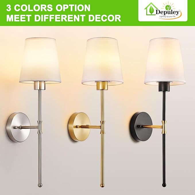 Depuley Battery Operated Wall Sconce: Set of 2 Wireless Wall Lights with Remote for Bedroom - Rechargeable 15 Colors Brushed Nickel Wall Lamp for Living Room Hallway Decor