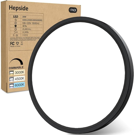 hepside 1PACK Flush Mount LED Ceiling Light Fixture Black, 12Inch 28W, Dimmable 3000K-4500K-6000K Ceiling Lamp 3200LM Low Profile Ceiling Light for Kitchen Bedroom Hallway
