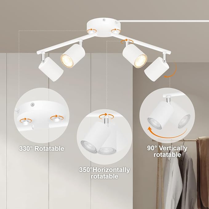 Plug in Track Lighting LED, Track Lighting Fixtures Ceiling, White 4-Light Kitchen Light Kit, Plug in Wall Light with 14.8ft Power Cord, Rotatable Ceiling Spotlight for Bedroom(GU10 Socket, NO Bulb)