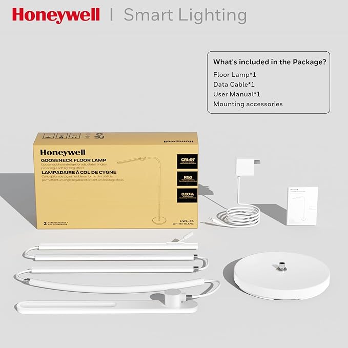 Honeywell LED Floor Lamp for Reading, CRI97 Full Spectrum Gooseneck Floor Lamp, Eye-Caring Dimmable Standing Task Light, 3 Color Temperatures, 77.5" Tall for Living Room, Bedroom, Office