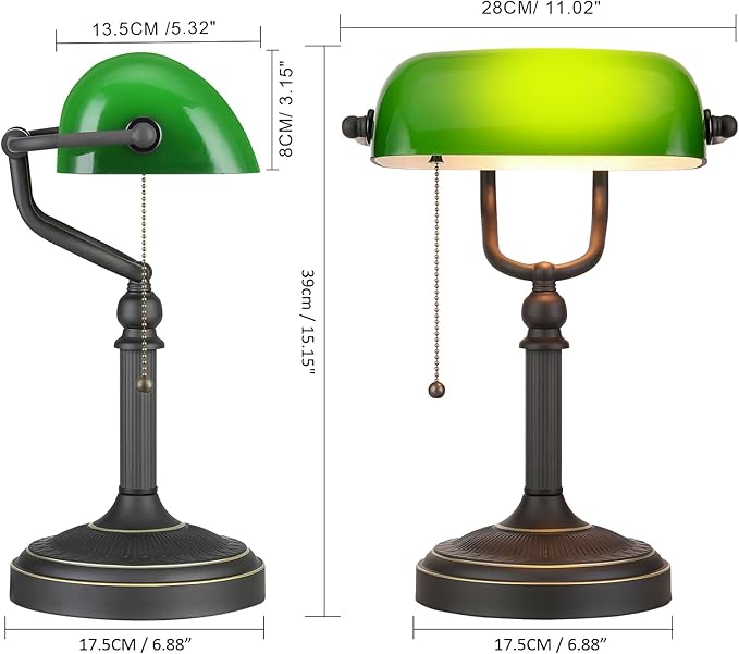 Antique Green Glass Bankers Desk Lamp with Pull Chain Switch Plug in Fixture