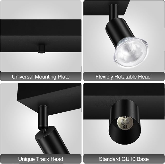 3 Head Plug in Track Light Fixture Black, Easy Install Corded Track Lighting Kit with Switch, Adjustable Directional Spotlight for Kitchen Island Closet Art Display, Modern Ceiling Lamp,15ft Cord