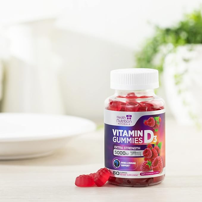 Vitamin D3 Gummies 5000 IU (125 mcg) - 3X Strength Immune Support and Bone Support, Vitamin D Gummy Dietary Supplement, Nature's Berry D Vitamin Supplement, Raspberry Flavored, Non-GMO - 60 Gummies