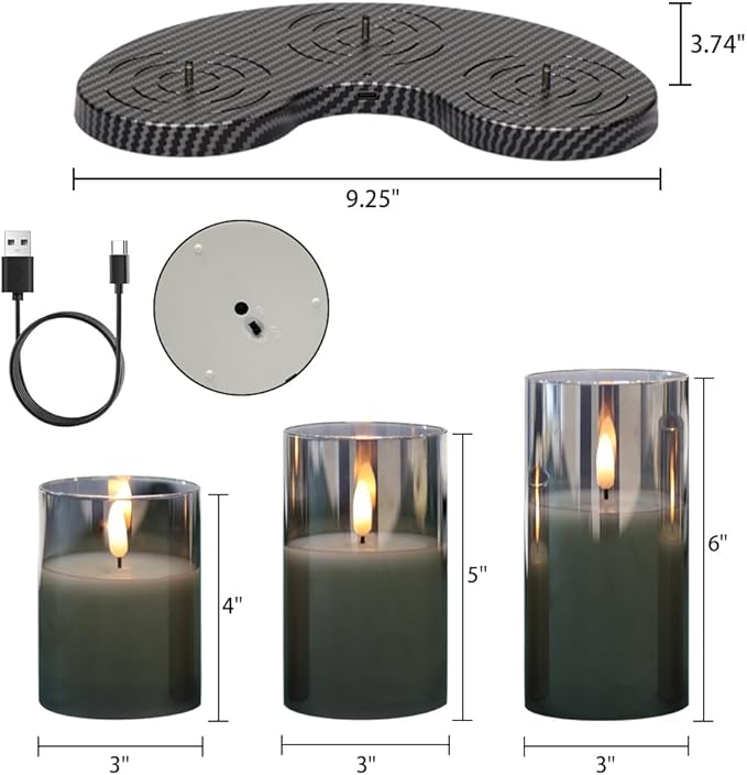 GenSwin Rechargeable Candles with Remote Timer and Charging Base, Set of 3 Glass Battery Operated Candles with 3D Flickering Wick, Black LED Flameless Candle for Home Party Decor(D3” x H4”5”6”)