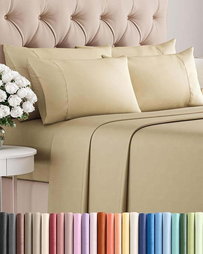 Full 6 Piece Sheet Set - Comfy Breathable & Cooling - Ultra Soft Hotel Luxury Bedding Set with 8-16 Inch Deep Pockets - 1 Flat & 1 Fitted Sheet & 4 Pillowcases - Cozy, Wrinkle Free & Easy Care - Beige
