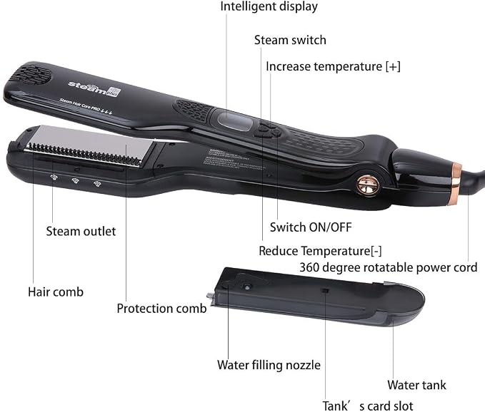 Professional Steam Hair Straightener Brush Ceramic Flat Iron, Electric Hair Crimper Heating Comb Straightening Iron, Fast Steamer Hair Styling Appliances For All Hair Types (Black)