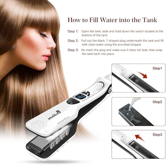 Professional Steam Hair Straightener Brush Ceramic Flat Iron, Electric Hair Crimper Heating Comb Straightening Iron, Fast Steamer Hair Styling Appliances For All Hair Types (White)
