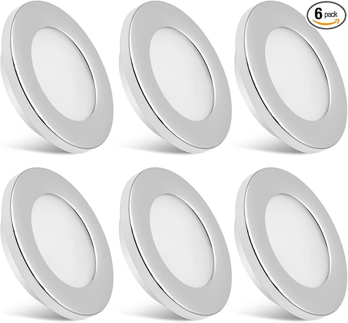 Dream lighting LED RV Lights Under Cabinet Lighting 12 Volt Recessed RV Lights Interior Puck Light, 3 Watts 200 Lumens, 3000K-Warm White Light, 2.75inch Chrome Plastic Shell, No Switch, Pack of 6