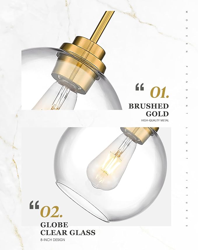 Gold Pendant Lights Kitchen Island, 8" Pendant Light Fixtures with Globe Clear Glass Shade, Modern Kitchen Island Lighting for Bathroom, AD-22280-1PL-GD