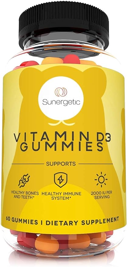 Sunergetic プレミアムビタミンD3グミ – 健康な骨、気分、免疫システムをサポートする強力なビタミンDグミ – 1食あたりビタミンD3 2000 IU – D3グミ60粒
