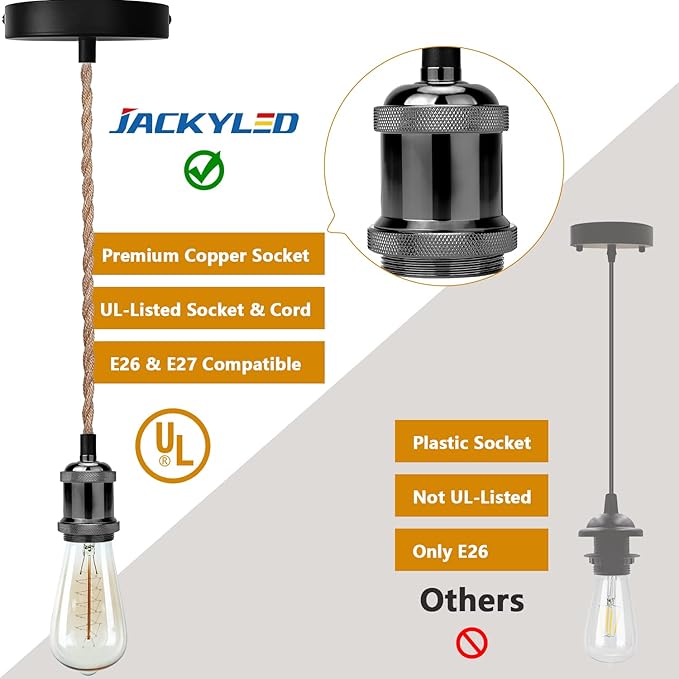 JACKYLED UL Boho Pendant Light Kit, Hemp Rope Light Fixture with Adjustable Hanging Light Cord & E26 E27 Light Socket, Vintage Ceiling Light for DIY Kitchen Island, Bedroom, Farmhouse