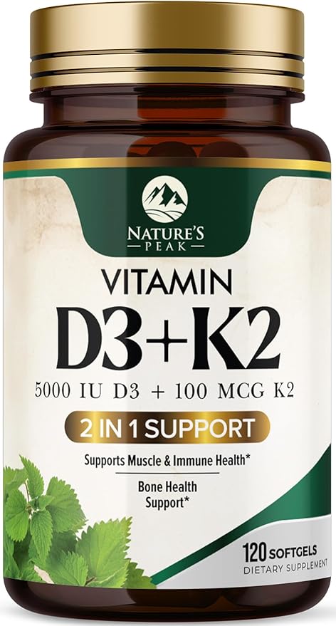 Vitamine D3 K2 5000 UI - Supplément de Vitamine D3 à Haute Puissance - Complexe Avancé 2-en-1 avec Vitamine D et Vitamine K2 (MK7) - Gélule Facile à Avaler, Soutien Osseux et Immunitaire - Embouteillé aux États-Unis - 120 Gélules