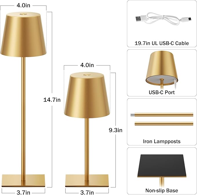 Gold Cordless Rechargeable Table Lamp, 2 Pack Portable Desk Lamp with 5000mAh Battery, Touch Control Stepless Dimming, Wireless Night Light for Dining, Outdoor Camping, Coffee Shop, Water Repellent