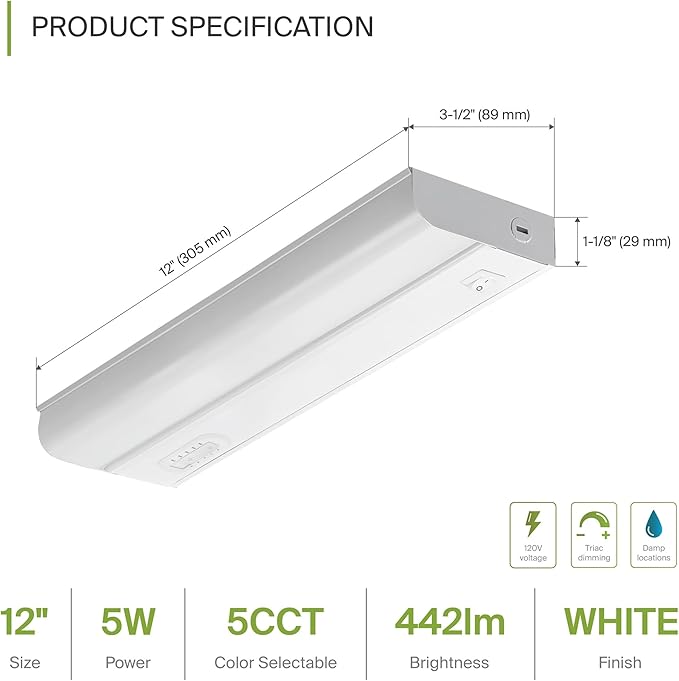 ASD LED Under Cabinet Lighting Hardwired, 12 Inch 5W 2700K-5000K Selectable, 442LM, CRI90+, Direct Wire Linkable Under Counter Lights for Kitchen, Dimmable Under Cabinet Lights, White, UL, 20 Pack