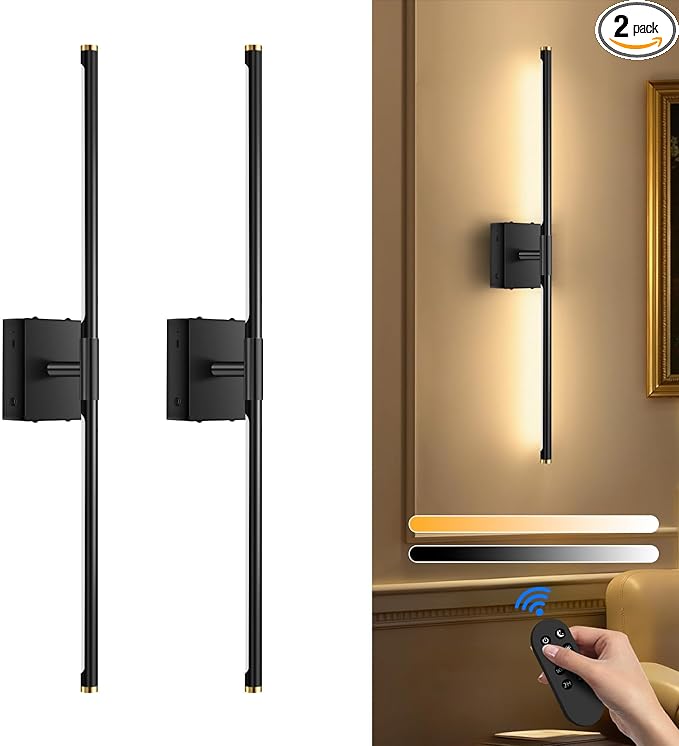 SAIMAND Wall Sconces Set of 2 Battery Operated, Wireless USB 8000mAh Rechargeable Wall Lights with Remote Control,3000K-6000K LED Dimmable Decor Lamp for Living Room,Bedroom,Hallway (27in Black)