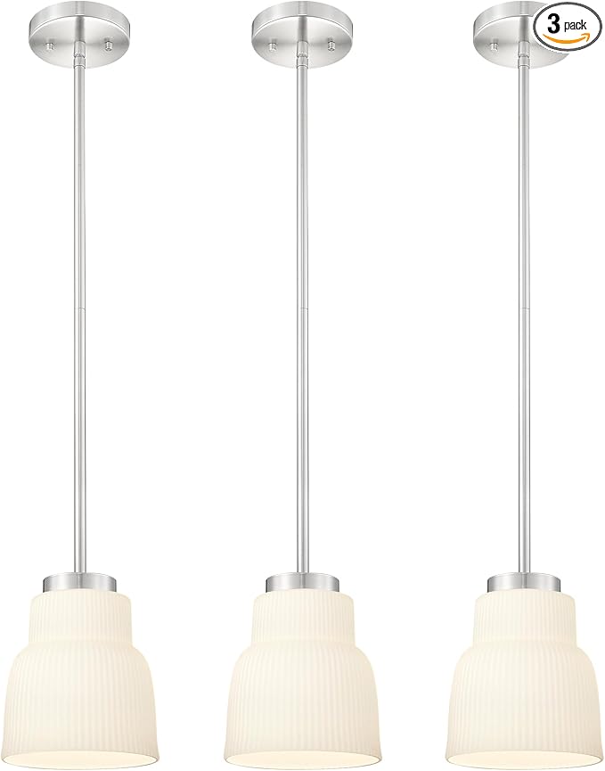 FEMILA 3 Pack 6.7" Vintage Light Fixtures, Milk Glass Kitchen Island Lighting, Brushed Nickel Antique Chandelier, Hanging Light Fixture for Bedroom Hotel Living Room, 4FYD87MIL-3PK BN