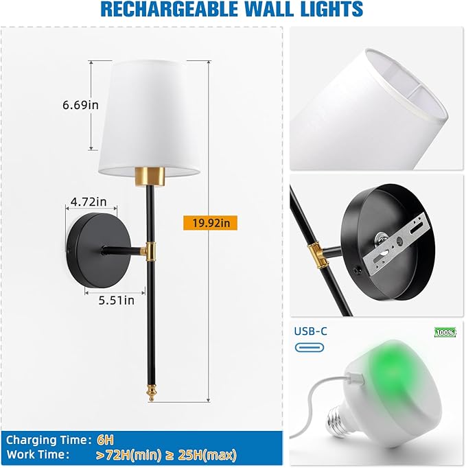 NIORSUN 19.9 inch Battery Operated Wall Sconce Set of 2,Gold-Black Rechargeable Wall Lights with 10400mAh Dimmable Detachable Bulbs and Remote, Wireless Sconces for Bedroom Living Room Hallway