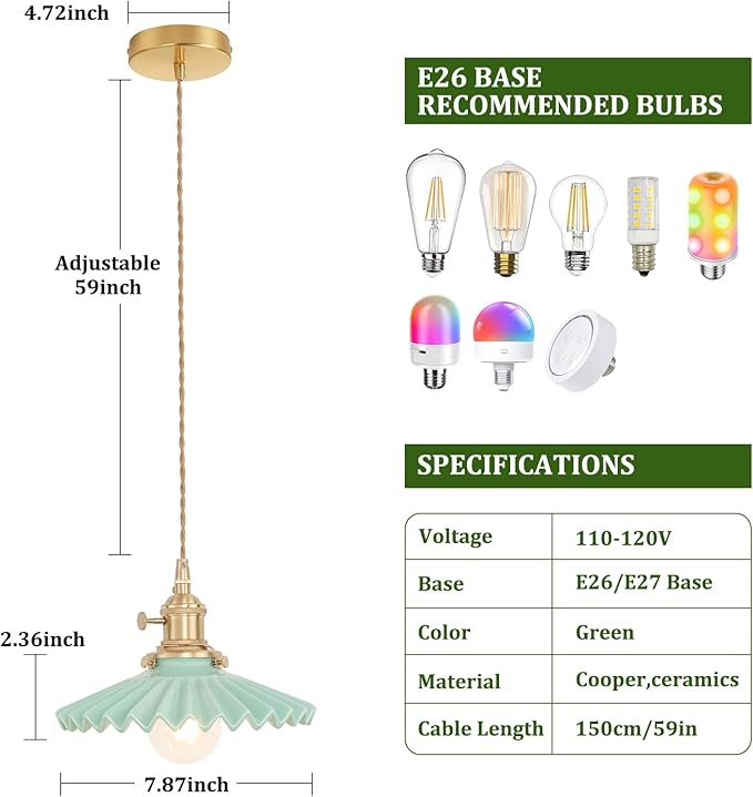Shenmoyl Pendant Light with Green Pleated Ceramic Lmapshade, Brass Vintage Pendant Light Adjustable Hanging Light for Kitchen Island Dining Room Hallway