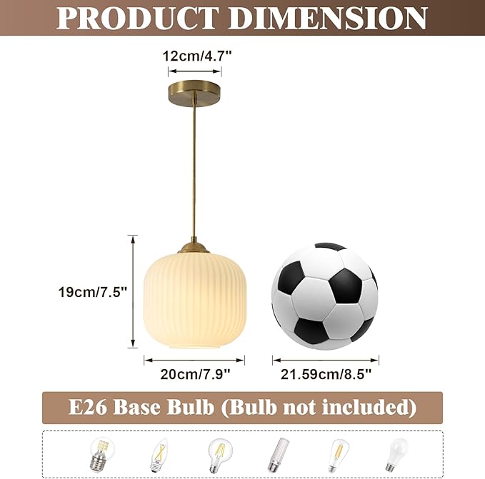 KCO Lighting Modern Gold White Glass Pendant Light Contemporary Brass Metal Kitchen Island Dining Pendant Light Industrial Large Globe Pendant Lamp 1-Light Round Ball Hanging Lighting Fixture