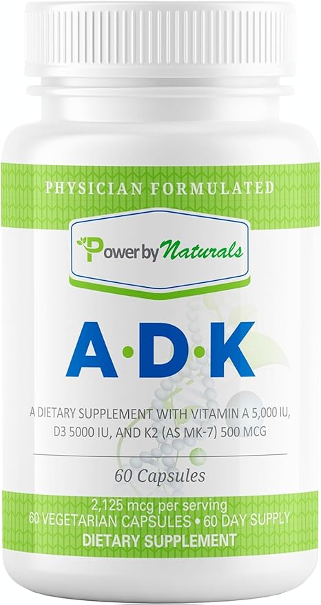 Power By Naturals Complément de Vitamines ADK – Mélange Hautement Dosé de Vitamines A, D3 5000 UI et K2 MK7 pour la Santé Osseuse – Complément de Vitamines A D K – 60 Gélules (2 Mois d'Approvisionnement)
