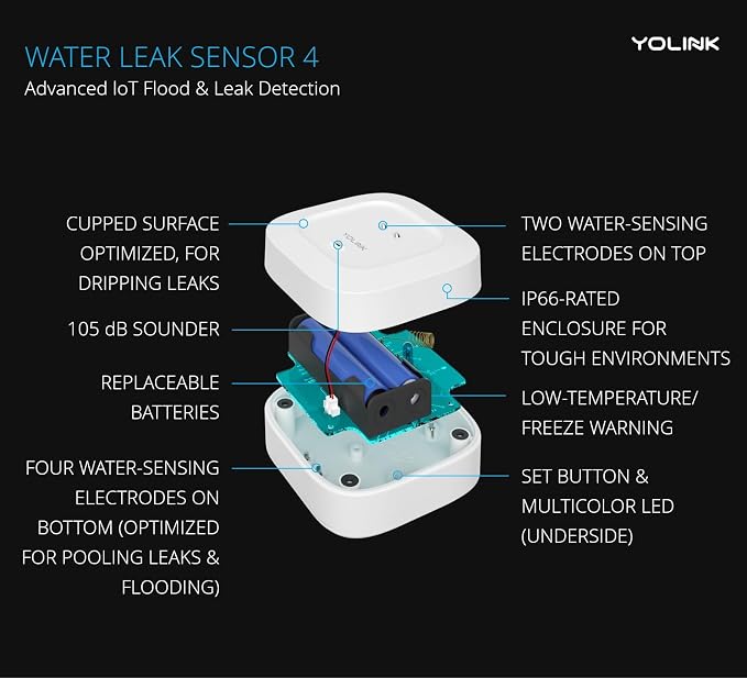 YoLink Water Leak Detector 4 with 105dB Audio Alarm, Freeze Warning, App Push, Email Alerts and Limited Text - Smart Water Sensor Alarm w/ Alexa, IFTTT - 1/4 Mile Long Range, Hub Required