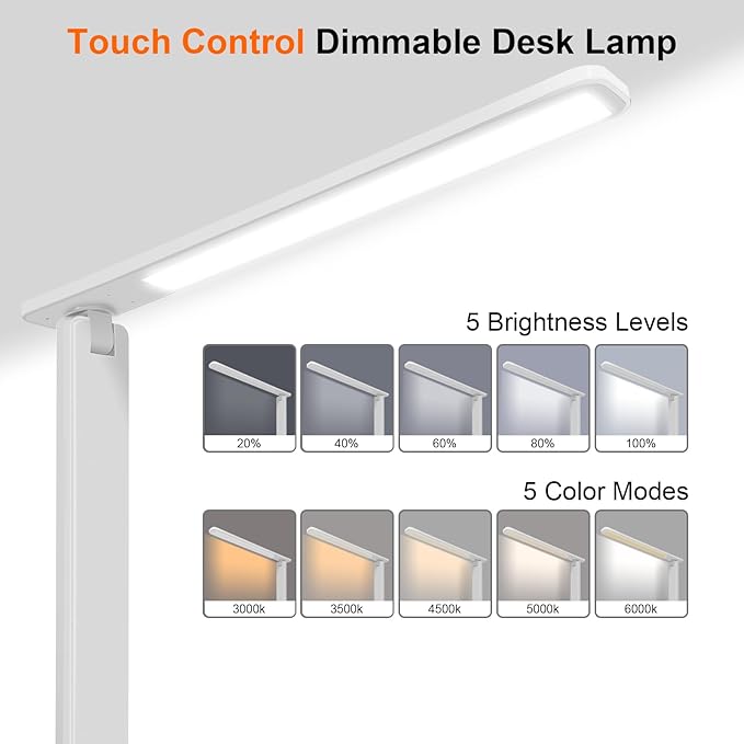 shinelife LED Desk Lamp for Office Home, Bright Desk Light with USB Charging Port, Adjustable Dimmable Desk Lamps 5 Modes 5 Brightness, Touch Study Lamp for Nail, Craft, Puzzle, Sewing, Study, White