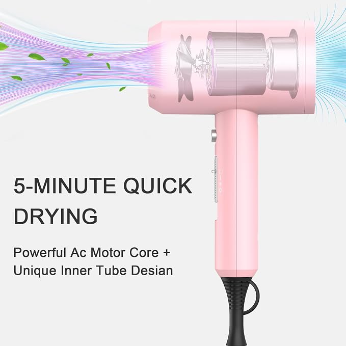 slopehill Professional Ionic Hair Dryer, Powerful 1800W Fast Drying Low Noise Blow Dryer with 2 Concentrator Nozzle 1 Diffuser Attachments for Home Salon Travel (Pink)