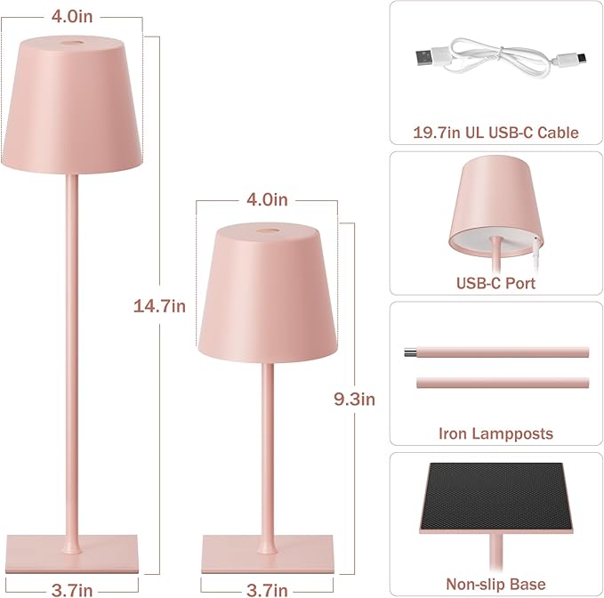 Kakanuo Pink Cordless Rechargeable Table Lamp, 2 Pack Portable Desk Lamp with 5000mAh Battery, Touch Control Stepless Dimming, Wireless Night Light for Dining, Outdoor Camping, Coffee Shop