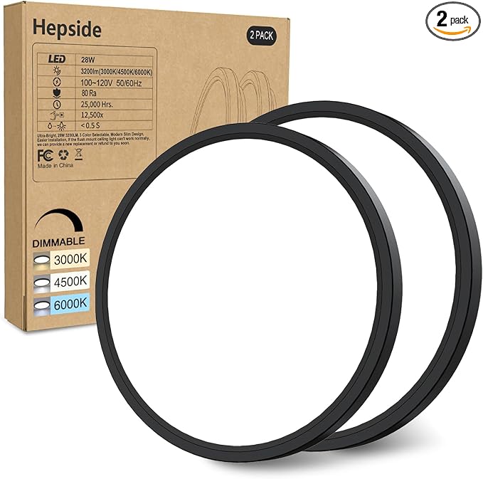 hepside 2PACK Flush Mount LED Ceiling Light Fixture Black, 12Inch 28Watt, Dimmable & 3000K-4500K-6000K Ceiling Lamp 3200LM Low Profile Ceiling Light for Kitchen Bedroom Hallway Porch