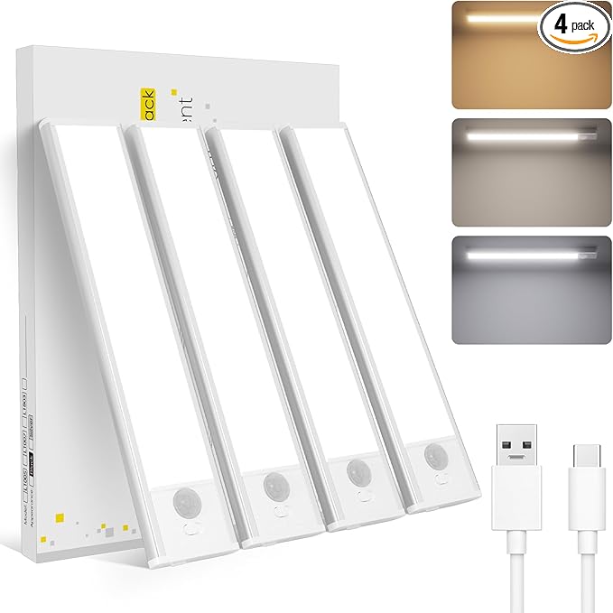 ORALUCE Under Cabinet Lighting Rechargeable Magnetic, 8inch LED Motion Sensor Light Indoor Battery Operated 3 Color Dimmable, Wireless Closet Lights for Kitchen Counter Stairs, 4 Pack
