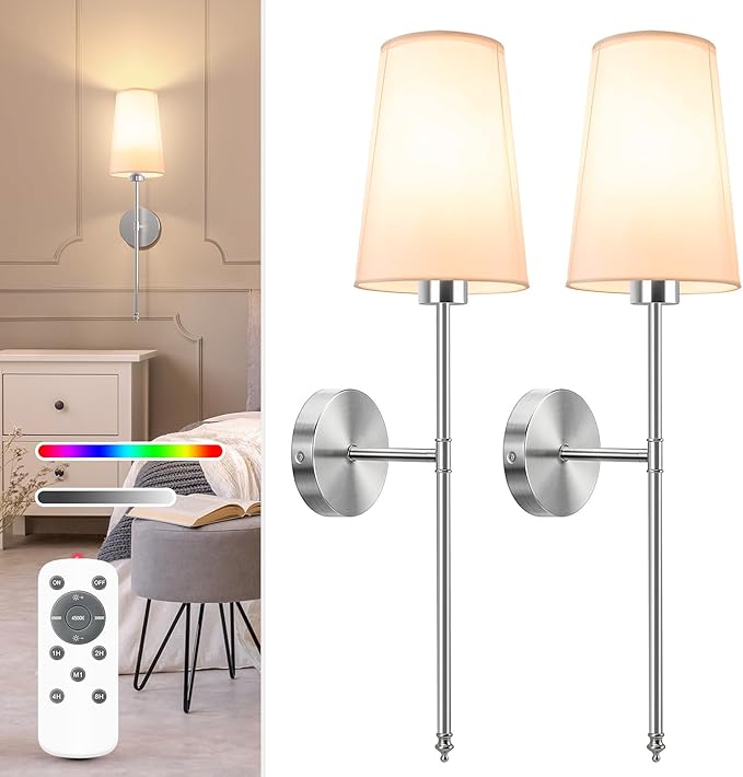 NIORSUN Brushed Nickel Battery Operated Wall Sconce Set of 2,Rechargeable Wall Lights with 10400mAh Dimmable Detachable Bulbs and Remote,9 Colors Wireless Sconces for Bedroom Living Room Hallway