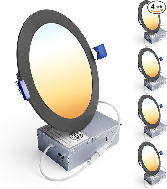 Ensenior 4 Pack 6 Inch LED Recessed Light, Dimmable, 2700K-5000K 5CCT, 1200LM High Brightness, 12W 120V, Damp Rated, Ultra-Thin Canless Wafer Light, Black - ETL & FCC & IC