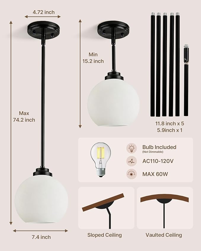 Majade Globe Pendant Lights Mid Century Modern Kitchen Island Pendant Light Fixtures 7.4 Inch Black Brass Pendant Lighting with Milk Glass Adjustable Hanging Light Fixtures for Dining Room living room