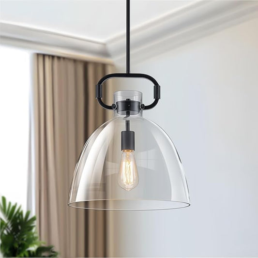 14'' Glass Pendant Light Fixture, 1-Light Modern Large Pendant Lights Kitchen Island, Adjustable Cord Farmhouses Black Island Lighting for Kitchen Bedroom Dining Room, E26