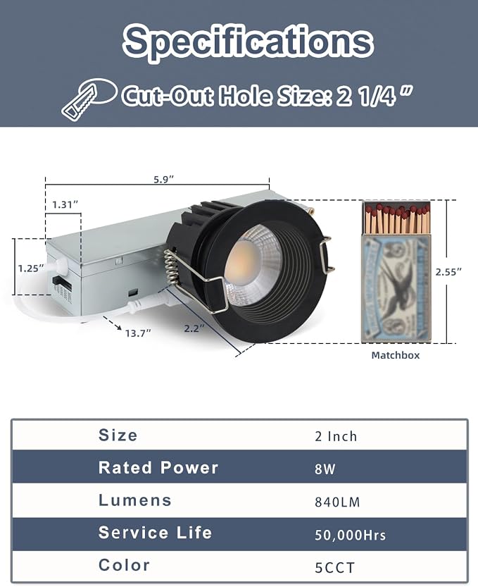 Aosclex 2 Inch 5CCT Anti-Glare LED Recessed Lights with Jbox, 2700K/3000K/3500K/4000K/5000K Selectable, 8W 840LM CRI90+, Dimmable Canless Downlight, Waterproof Light Fixtures, ETL & FCC（Black, 1 Pack）