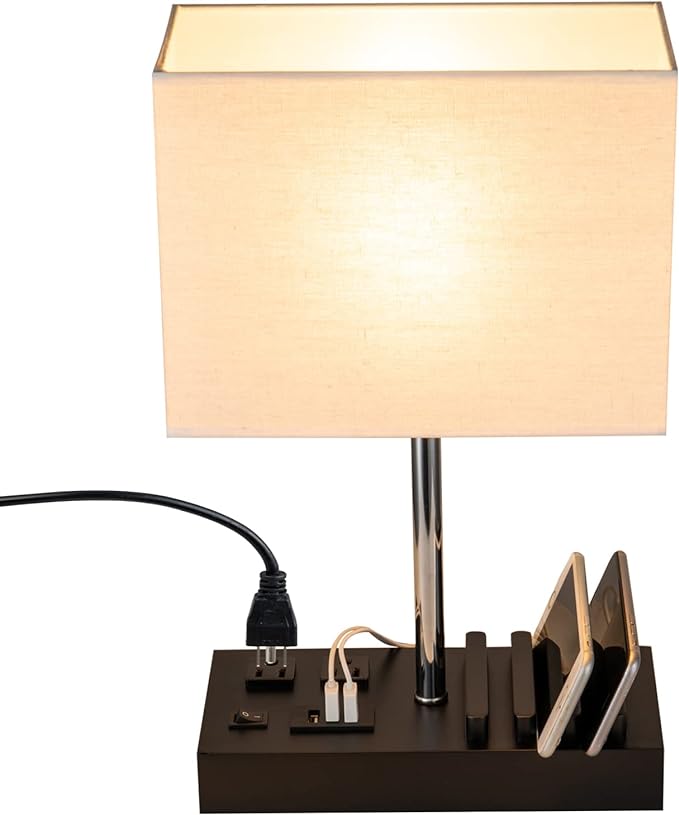 Briever USB Table Lamp, Multi-Functional Desk Lamp with 2 AC Outlets, Bedside Lamp with 3 USB Charging Ports and Wooden Phone Stands, Nightstand Lamp for Bedroom, Livingroom, Office, Linen Shade