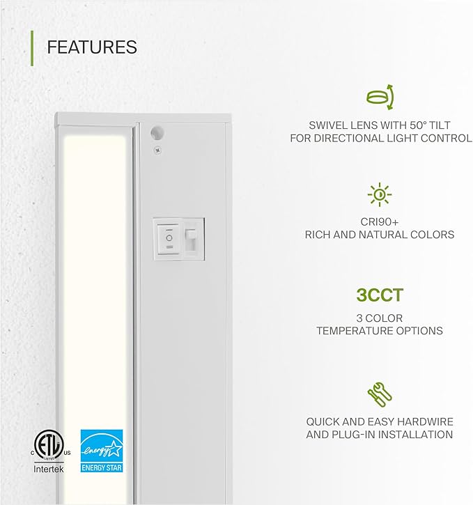 ASD Swivel LED Under Cabinet Lighting Plug in or Hardwired 12 Inch, Dimmable Under Cabinet Lights with High/Low/Off Switch, 3CCT 2700K-4000K, Linkable Under Counter Lights for Kitchen, White, ETL