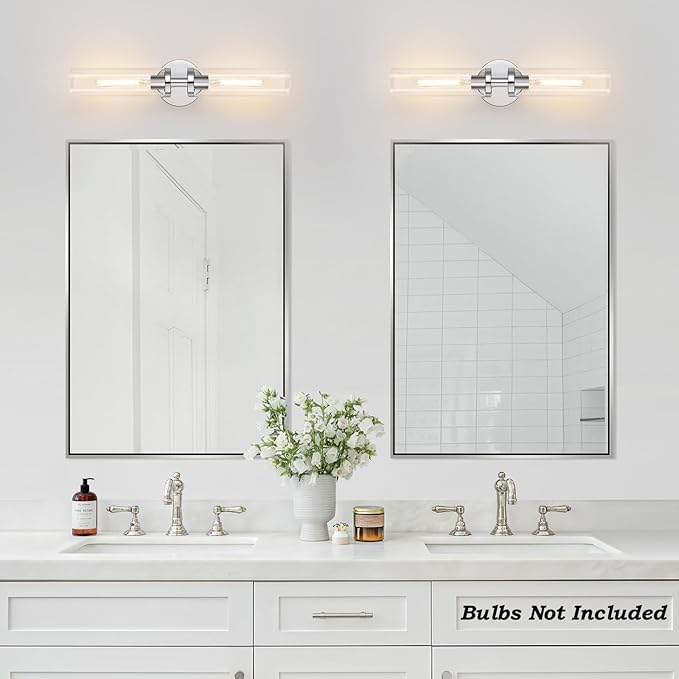 Indoi Wall Sconces Set of Two, Hardwired Chrome Bathroom Sconces Wall Lighting with Clear Glass, Modern Sconces Wall Decor Set of 2 Bathroom Light fixtures for Mirror Living Room Hallway Bedroom