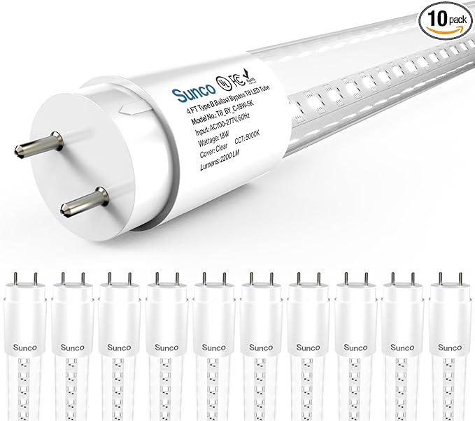 Sunco 10 Pack T8 LED Bulbs 4 Foot, LED Fluorescent Tube Replacement, 4ft LED Tube Light, Ballast Bypass, 2200 LM, 18W, 6000K Daylight Deluxe, Single Ended Power, Clear Lens, UL