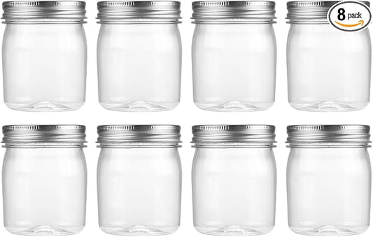 novelinks 8 oz Clear Plastic Jars with Airtight Lids, 8 Pack Plastic Mason Jars with Lids 8oz, Refillable Storage Slime Containers & Small Spice Jar for Kitchen Organization (8 Pack,Silver)