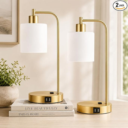 Set of 2 Industrial Touch Control Table Lamps with 2 USB Ports and AC Outlet - 3-Way Dimmable Gold Bedside Lamps Nightstand Desk Lamps for Bedroom Living Room, Opal Glass Shade & 2 LED Bulbs Included