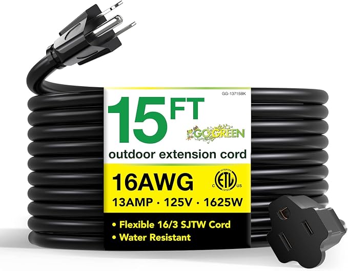 Power By GoGreen Go Green Power Inc. (GG-13715BK) 16/3 SJTW Outdoor Extension Cord, Black, 15 ft