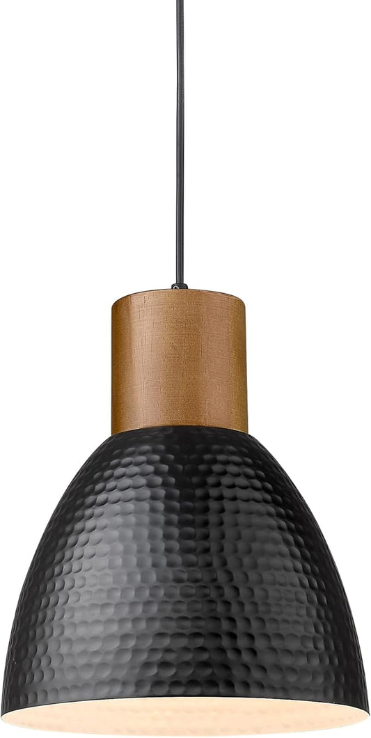 ELYONA Industrial Hammered Pendant Light 7” Small Solid Wood Hanging Lamp with Hammered Metal Shade, Farmhouse Pendant Light Fixtures for Kitchen Island, Dining Room, Bedroom, Office, Modern Black