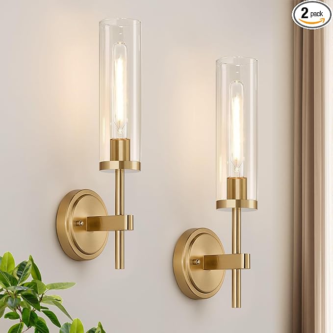 [Hardwired] Wall Sconces Set of Two, Brushed Gold Bathroom Sconces with Clear Glass, Modern Wall Light Fixtures for Bathroom Mirror Vanity, Living Room, Bedroom, Hallway, Stairway, Cabinet, Foyer