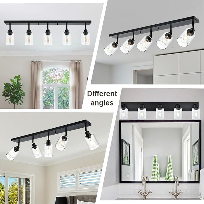 5 Light Black Bathroom Spotlight Fixture with Rotatable Light Head Indoor Vanity Lighting with Clear Glass Shade Metal Ceiling Mount Fixture