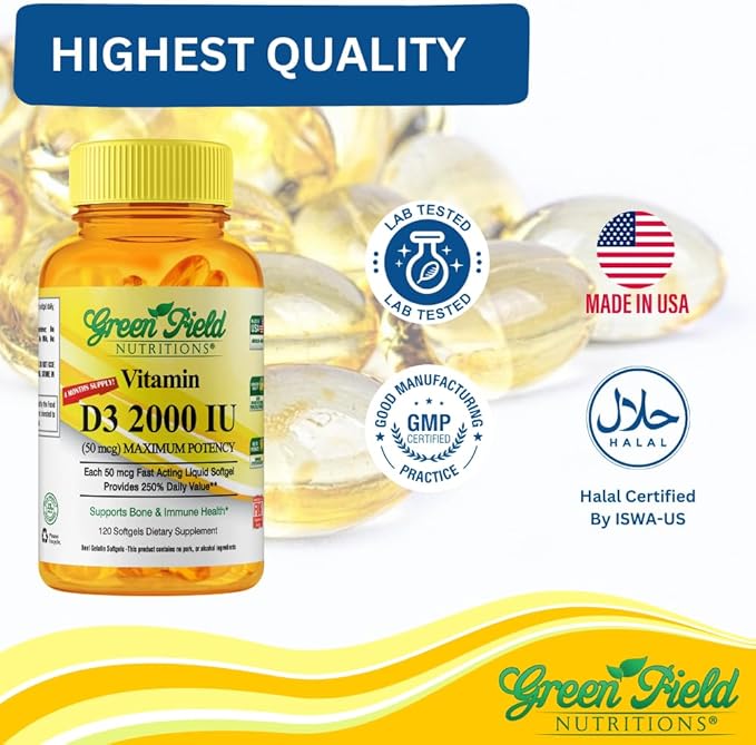 Greenfield Nutritions Vitamine D3 Halal 2000 UI Gélule - D3 Haute Puissance 50 mcg, 120 Mini-Gélules Non Aromatisées - Vitamines D Halal avec Gélatine de Bœuf Halal, Soutient l'Immunité, les Os, les Dents, le Cerveau et les Cheveux