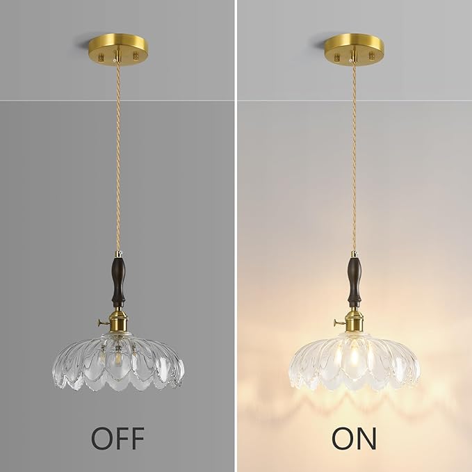 Modern Clear Glass Pendant Light Retro Flower Glass Hanging Lamp Gold Brass Decorative Adjustable Ceiling Hanging Light Suitable for Kitchen Island Bedroom Dining Room Living Room